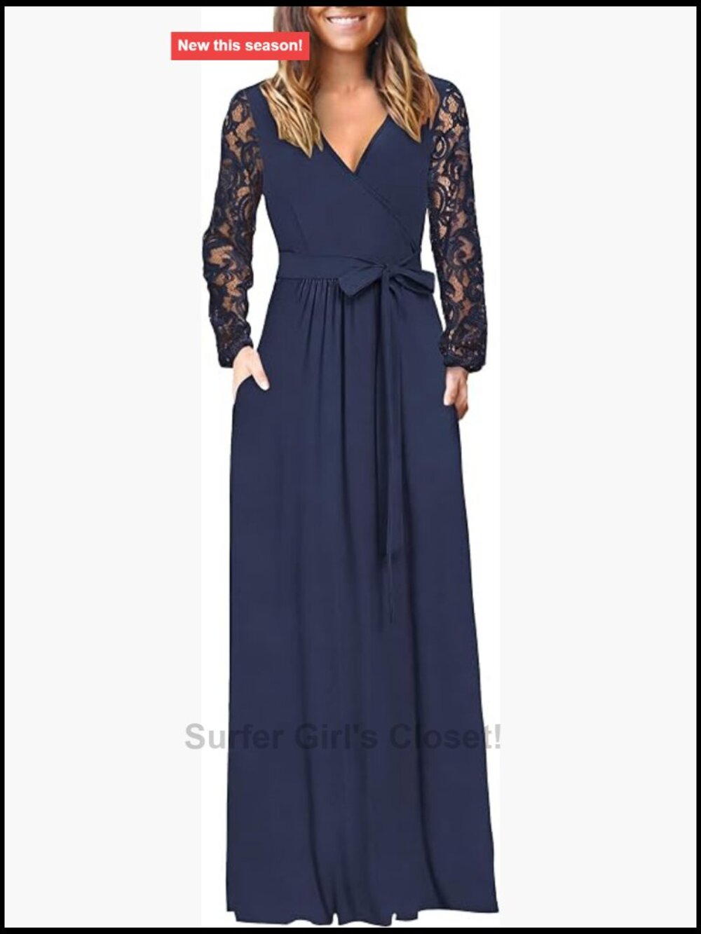 Lace Long Sleeve Maxi Dress V Neck Wrap Waist Formal Party with Pockets